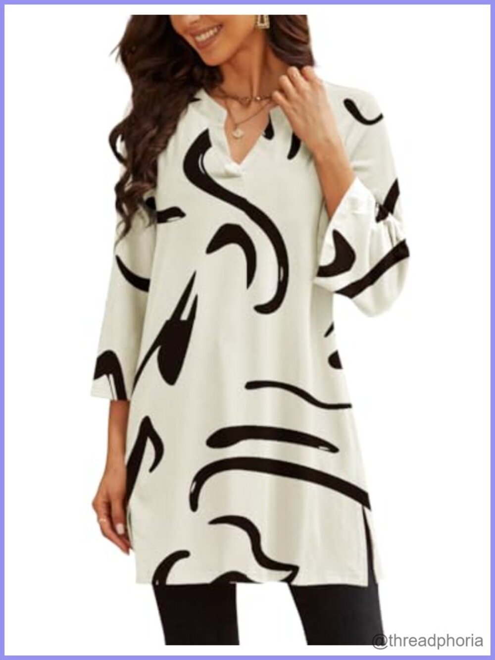 Womens 3/4 Sleeve Notch V Neck Tunic Top Flowy Loose Fit for Leggings